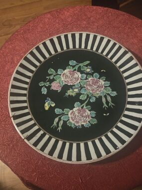 Hand-Painted Floral Ceramic Charger Plate - Black with Pink Blooms